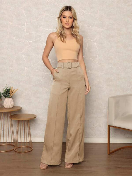 Calça Pantalona Alfaiataria com Cintura Alta e Cinto Elegante