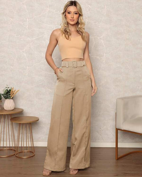 Calça Pantalona Alfaiataria com Cintura Alta e Cinto Elegante