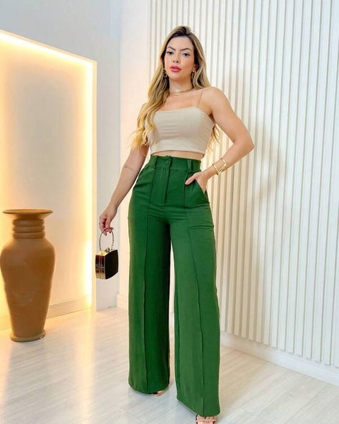 Calça Pantalona de Alfaiataria Feminina Com Pregas e Cintura Alta