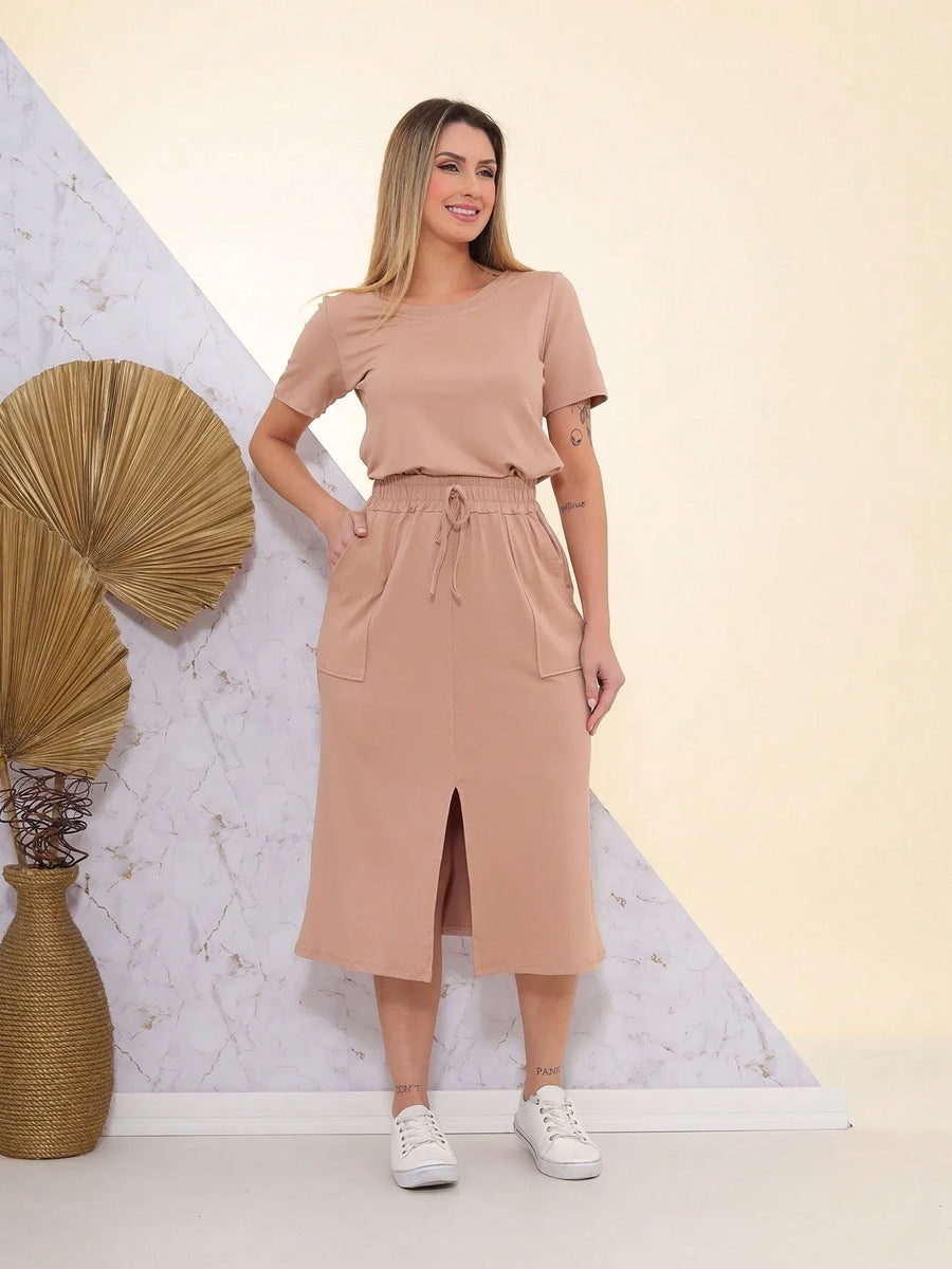 Conjunto Feminino Blusa e Saia Midi Aline