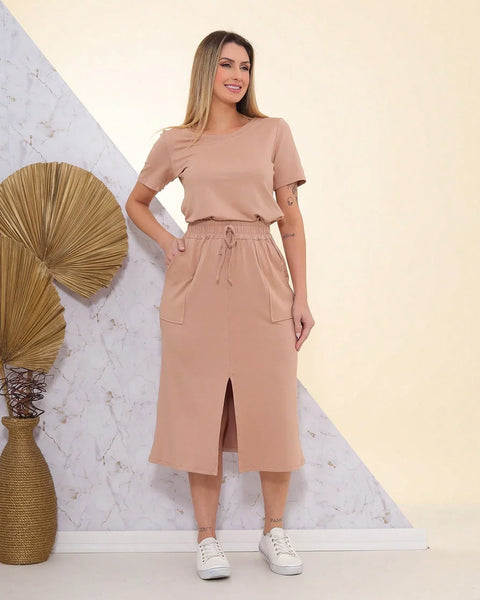 Conjunto Feminino Blusa e Saia Midi Aline