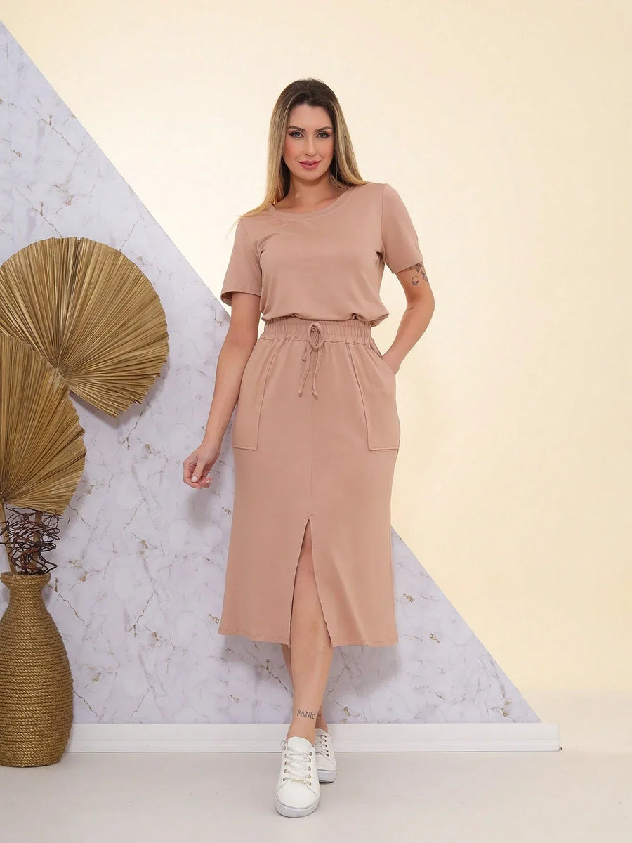 Conjunto Feminino Blusa e Saia Midi Aline