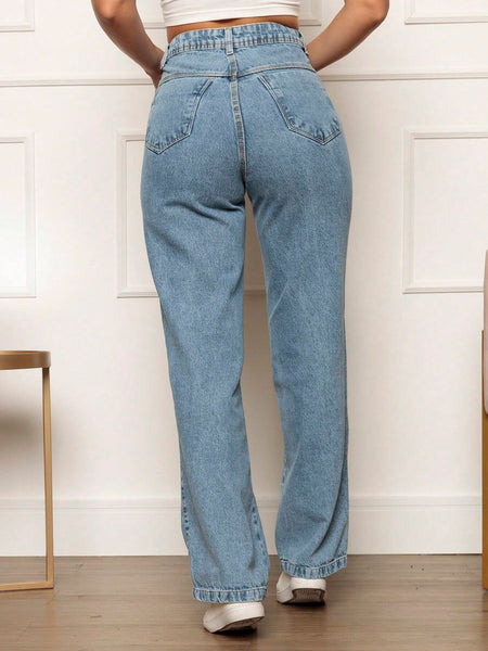 Calça Jeans Reta Feminina Cintura Alta Azul Clara