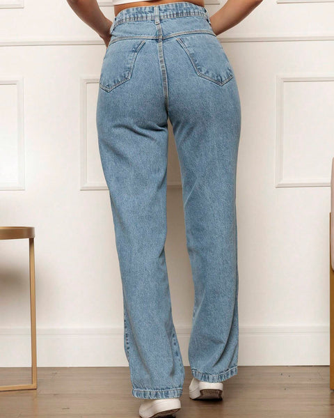 Calça Jeans Reta Feminina Cintura Alta Azul Clara