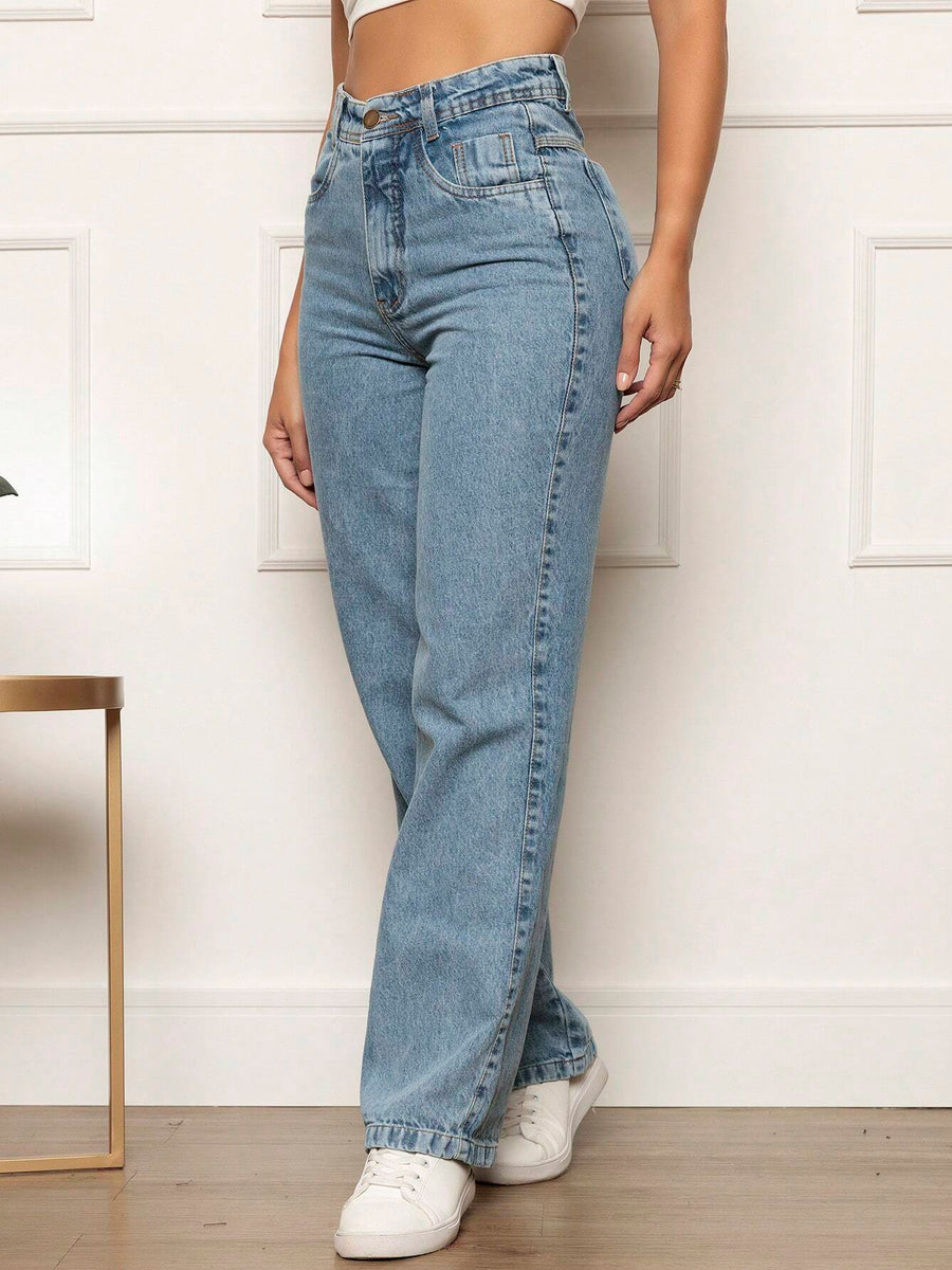 Calça Jeans Reta Feminina Cintura Alta Azul Clara