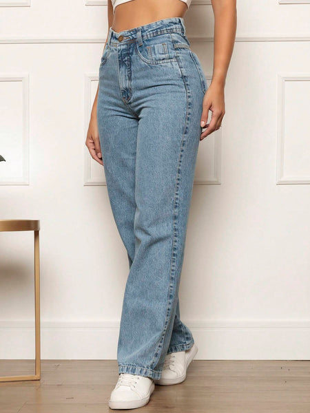 Calça Jeans Reta Feminina Cintura Alta Azul Clara