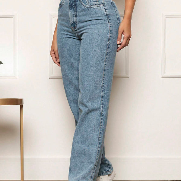 Calça Jeans Reta Feminina Cintura Alta Azul Clara