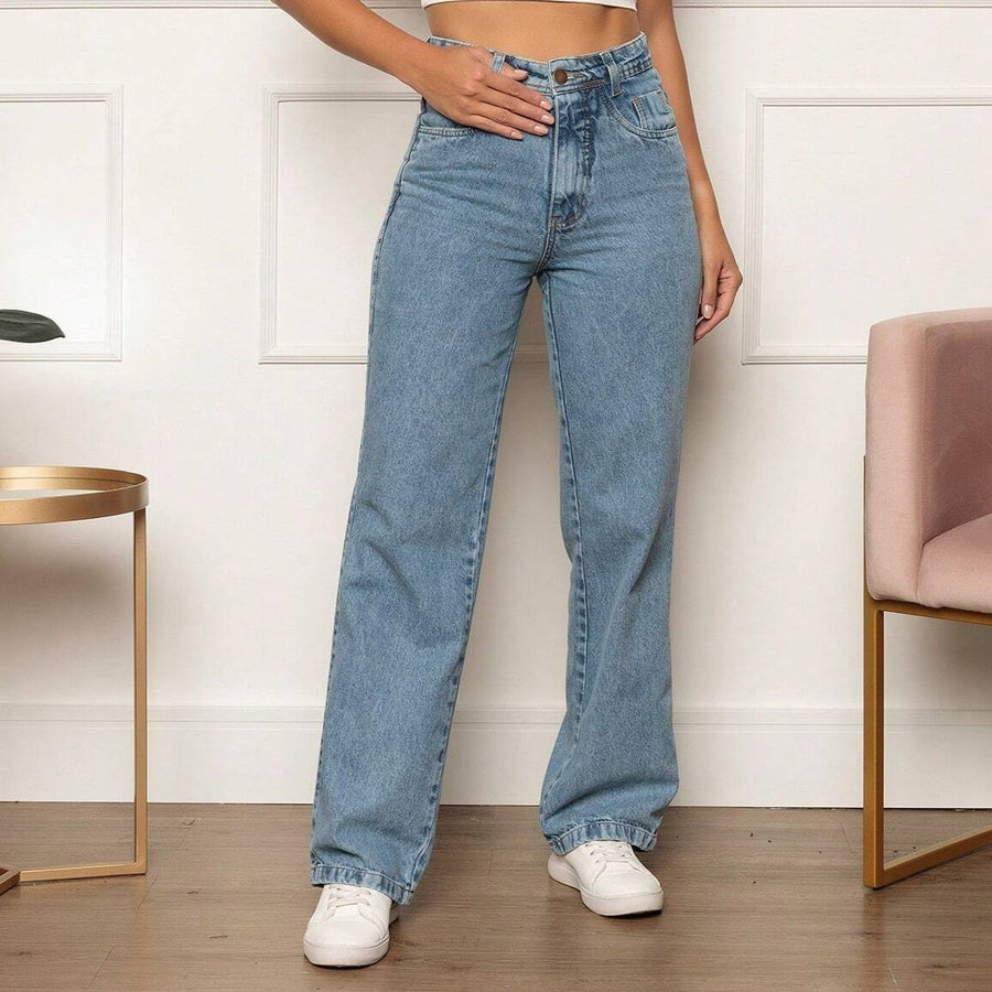 Calça Jeans Reta Feminina Cintura Alta Azul Clara