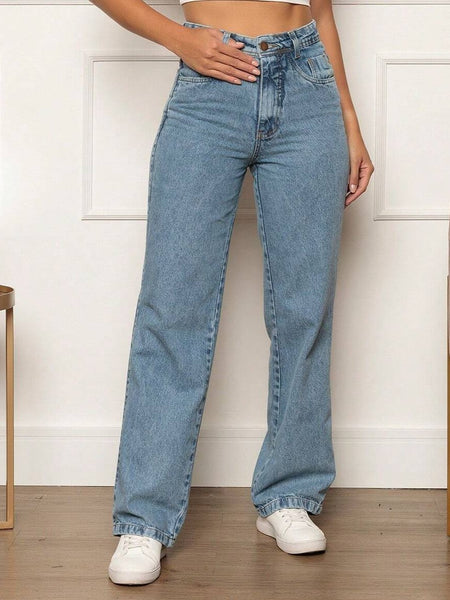 Calça Jeans Reta Feminina Cintura Alta Azul Clara