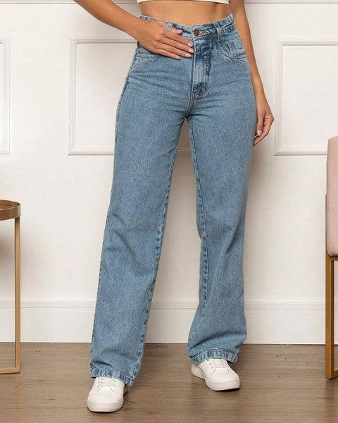 Calça Jeans Reta Feminina Cintura Alta Azul Clara