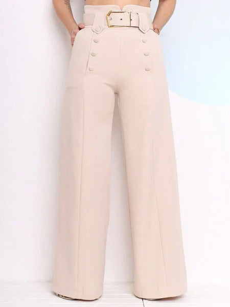 Calça Pantalona Feminina Social com Botões Frontais e Cinto