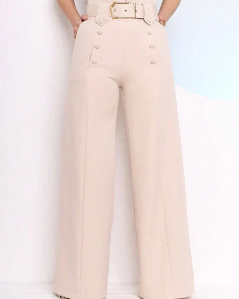 Calça Pantalona Feminina Social com Botões Frontais e Cinto