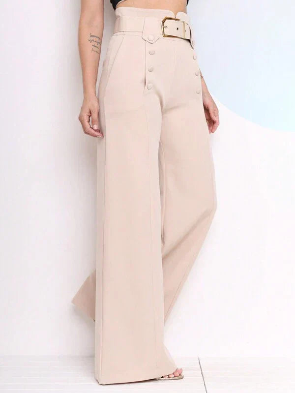 Calça Pantalona Feminina Social com Botões Frontais e Cinto