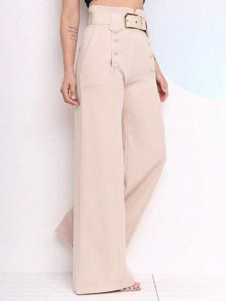 Calça Pantalona Feminina Social com Botões Frontais e Cinto