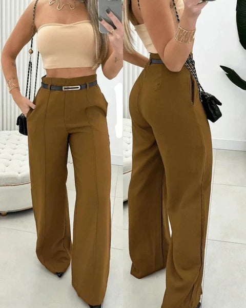 Calça Pantalona Feminina com Cinto Fino e Cintura Alta