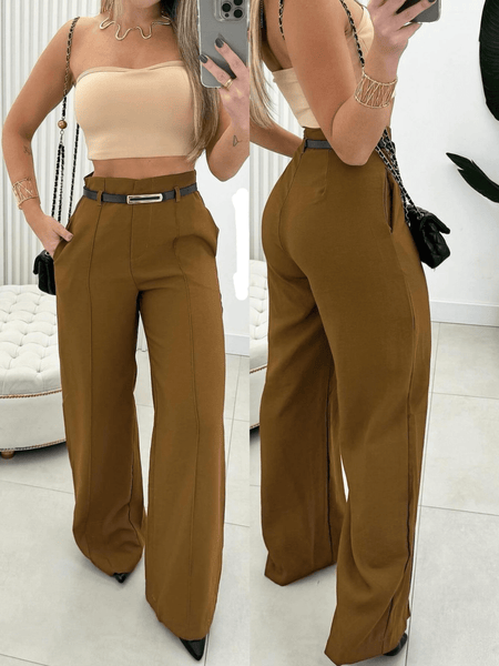 Calça Pantalona Feminina com Cinto Fino e Cintura Alta