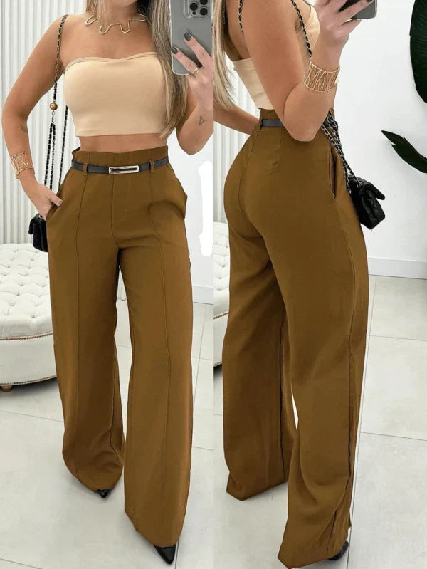 Calça Pantalona Feminina com Cinto Fino e Cintura Alta