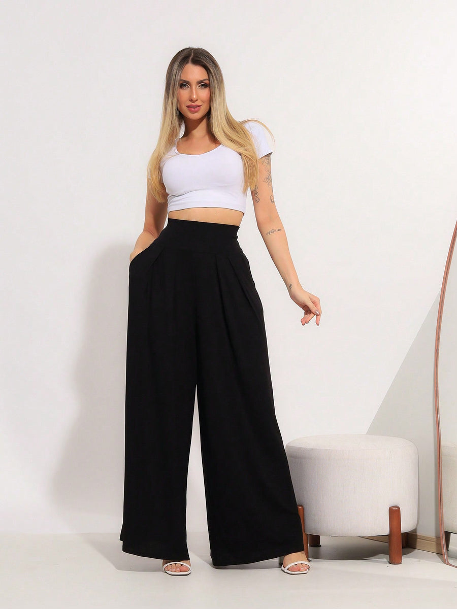 Calça Pantalona Cintura Alta em Viscose