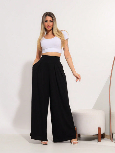 Calça Pantalona Cintura Alta em Viscose