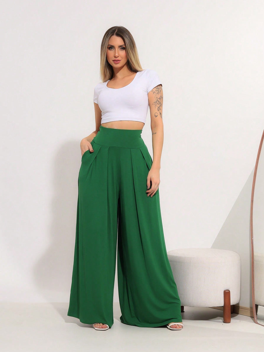 Calça Pantalona Cintura Alta em Viscose