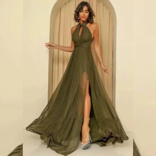 Vestido Longo de Chiffon Verde Oliva Caimento Fluido com Decote Halter e Fenda Frontal