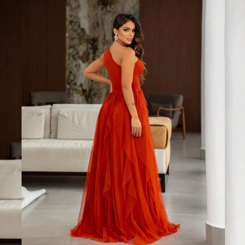 Vestido Longo Terracota Festa Sem Manga em Chiffon