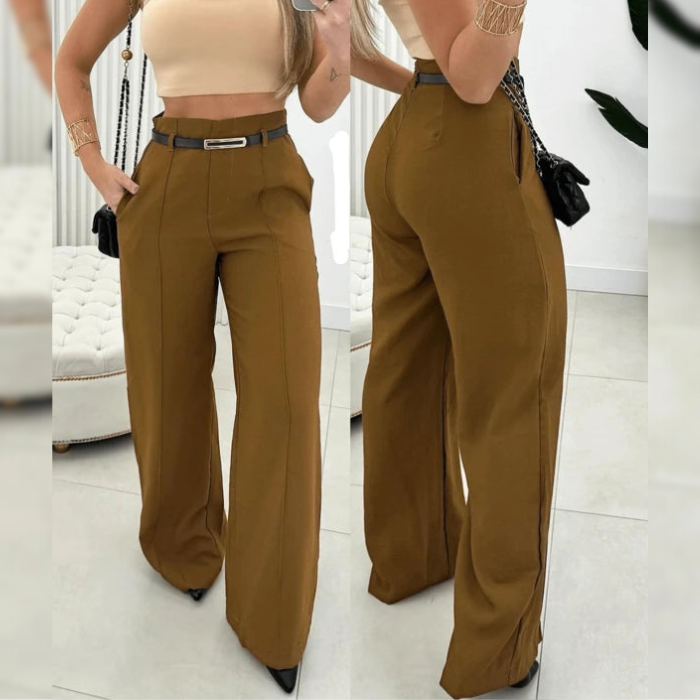 Calça Pantalona Feminina com Cinto Fino e Cintura Alta