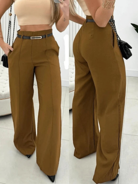 Calça Pantalona Feminina com Cinto Fino e Cintura Alta