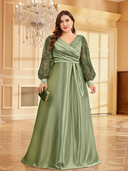 Vestido Longo de Festa Com Manga Bufante Longa Paetê