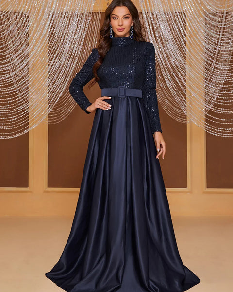 Vestido Longo Azul Marinho de Festa Acinturado Manga Longa e Gola Alta