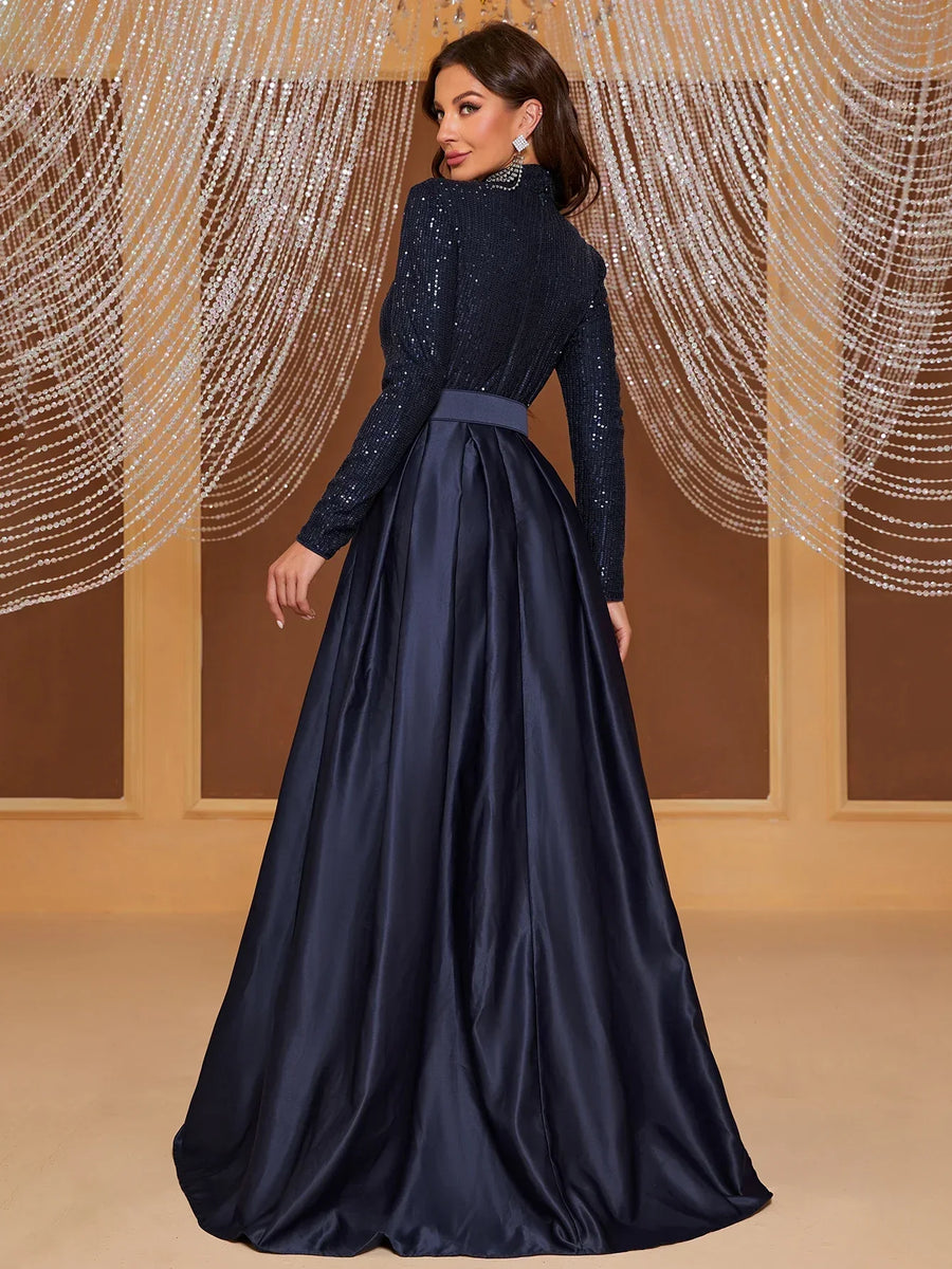 Vestido Longo Azul Marinho de Festa Acinturado Manga Longa e Gola Alta