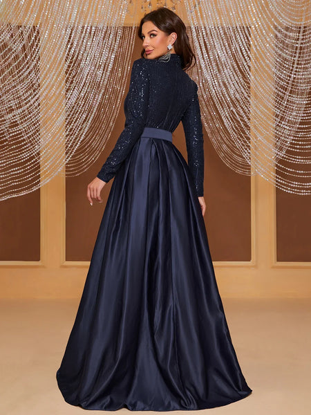 Vestido Longo Azul Marinho de Festa Acinturado Manga Longa e Gola Alta