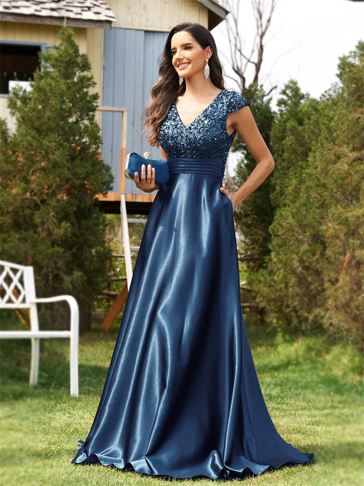 Vestido Longo de Festa Acinturado com Saia de Cetim e Busto bordado em Paetês