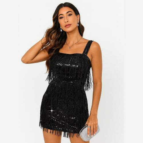 Vestido Curto Franjas Festa Balada Paetês Metálicas Brilho