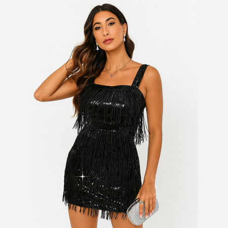 Vestido Curto Franjas Festa Balada Paetês Metálicas Brilho