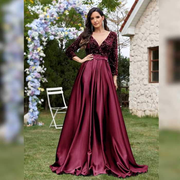 Vestido Longo de Festa Acinturado com Saia de Cetim e Corpete de Paetês