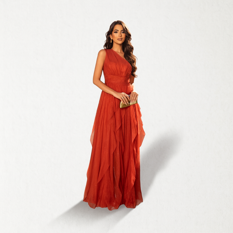 Vestido Longo Terracota Festa Sem Manga em Chiffon