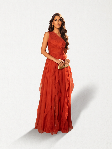 Vestido Longo Terracota Festa Sem Manga em Chiffon