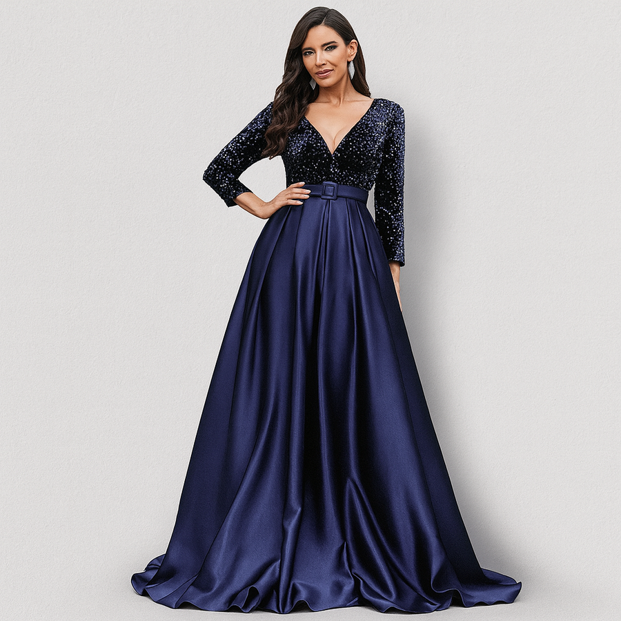 Vestido Longo de Festa Acinturado com Saia de Cetim e Corpete de Paetês