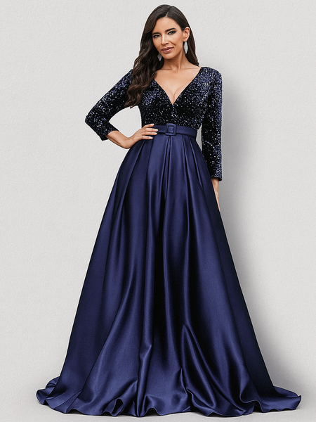 Vestido Longo de Festa Acinturado com Saia de Cetim e Corpete de Paetês