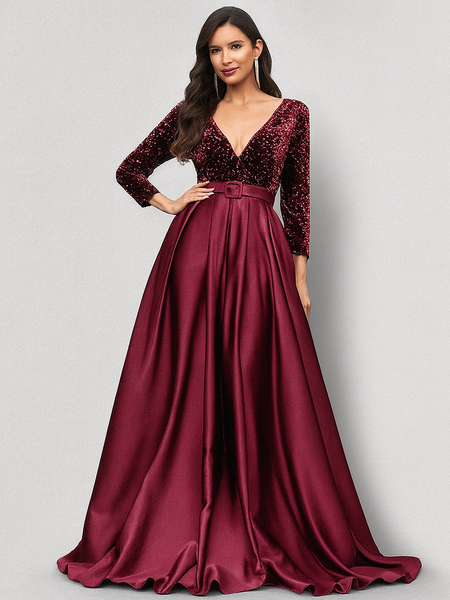 Vestido Longo de Festa Acinturado com Saia de Cetim e Corpete de Paetês