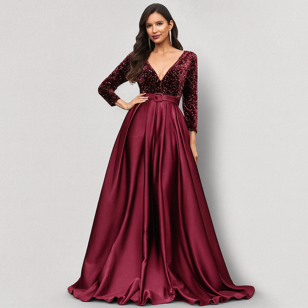 Vestido Longo de Festa Acinturado com Saia de Cetim e Corpete de Paetês