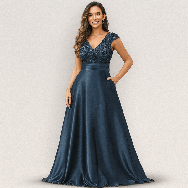 Vestido Longo de Festa Acinturado com Saia de Cetim e Busto bordado em Paetês