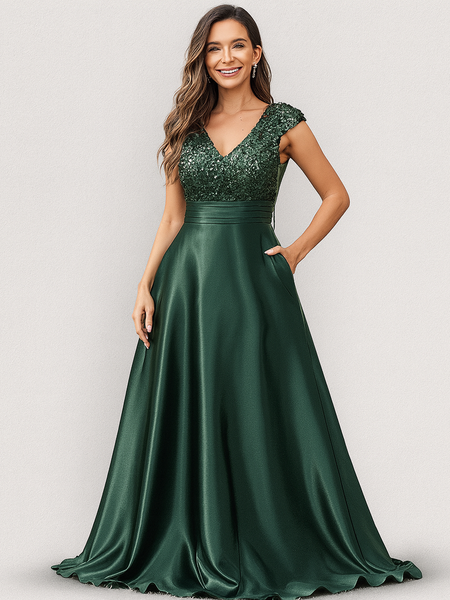 Vestido Longo de Festa Acinturado com Saia de Cetim e Busto bordado em Paetês