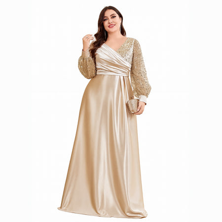 Vestido Longo de Festa Com Manga Bufante Longa Paetê