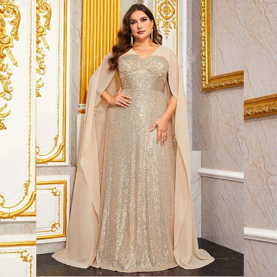 Vestido de Festa Longo Bordado com Brilho e Sobreposição Tipo Capa Elegante