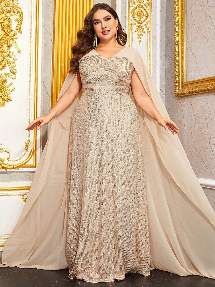 Vestido de Festa Longo Bordado com Brilho e Sobreposição Tipo Capa Elegante