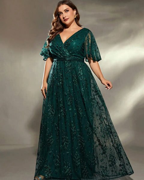 Vestido de Festa Longo Bordado com Manga Borboleta e Decote Transpassado