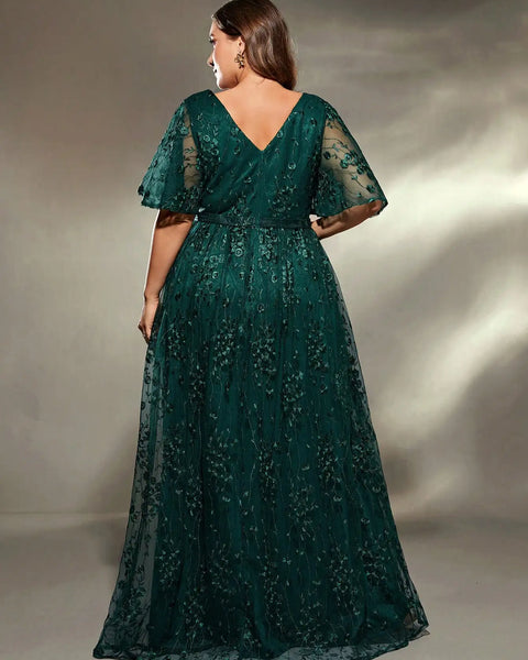 Vestido de Festa Longo Bordado com Manga Borboleta e Decote Transpassado