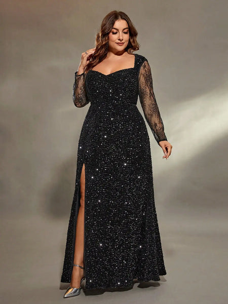 Vestido de Festa Longo com Brilho Manga Longa e Fenda Lateral Elegante